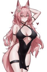 1girls 2024 animal_ear_fluff animal_ears arknights arm_up big_breasts blush breasts fangsod heart hi_res light-skinned_female light_skin long_hair looking_at_viewer pink_eyes pink_hair pose posing pozyomka_(arknights) simple_background solo standing tail thigh_strap wolf_ears wolf_girl wolf_tail