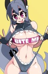 1girls absurd_res big_breasts bongfillstudent bunny_ears bunny_girl bunny_industry_(bongfillstudent) female female_only fingerless_gloves grey_hair long_hair looking_at_viewer purple_eyes smiling smiling_at_viewer solo tank_bunny_(bongfillstudent) thick_eyebrows tongue_out yellow_background