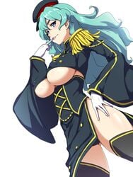 :p aqua_hair blue_eyes breasts clearite clothing covered_nipples epaulettes erect_nipples erect_nipples_under_clothes female glasses hat imagawa_yoshimoto_(sengoku_collection) large_breasts sengoku_collection solo thighhighs thighs tongue tongue_out underboob