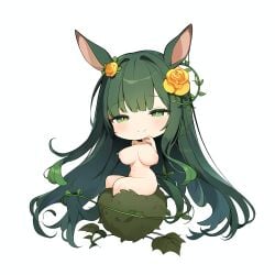 1girls ai_generated aigbrea breasts chibi grass green_eyes green_hair hair_flower horse_girl inverted_nipples large_breasts monera nipples nude