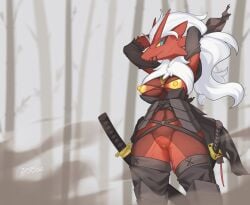 absurd_res anthro armor armpits biped blaziken blue_eyes breasts female fur generation_3_pokemon genitals hi_res katana nintendo nipples pokemon pokemon_(species) pussy red_body red_fur samurai solo sword yellow_nipples zinfyu