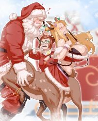 1boy 2girls angry animal_ears antlers beard blonde_hair blurry blurry_background breasts brown_hair centaur christmas coat deer_ears facial_hair female full_beard fur_trim gag glasses harness hat highres horns interspecies large_breasts long_beard materclaws multiple_girls old old_man original red_coat reindeer_antlers reindeer_girl santa_claus santa_hat sex sleigh taur thick_beard watch white_hair wristwatch