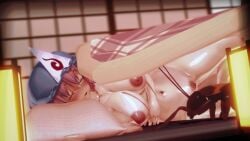 1girls 3d belly_button big_breasts blanket blush bug cockroach female female_pubic_hair hat insects koikatsu nipples nude pink_hair sleeping touhou yuyuko_saigyouji