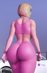 1girls 3d blonde_hair car clothed clothing darkmen3110 dyed_hair ela_(rainbow_six) female female_only huge_ass leggings lollipop muscle_tone pink_clothing polish rainbow_six_siege rear_view solo sports_bra toned toned_female watermark wristband