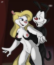 animaniacs black_fur blonde_hair breast_fondling breasts crazyassbeethoven duo female fondling fur grope hair hand_on_breast looking_back male mammal minerva_mink mink mustelid nude pussy simple_background smile straight warner_brothers white_fur yakko_warner