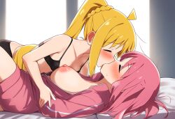 2girls ai4fun ai_generated blonde_hair bocchi_the_rock! breasts gotou_hitori ijichi_nijika kissing large_breasts making_out medium_breasts nipples pink_hair yuri