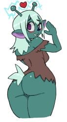 1girls alien animal_ears antennae_(anatomy) anthro ass big_ass blush blush_lines bottomless breasts brown_clothing brown_topwear clothed clothing donutnaz emoji_alien_(samurai_jack) eyelashes female fur genitals green_body green_fur green_hair green_skin hair hali heart long_hair looking_at_viewer looking_back looking_back_at_viewer mammal purple_eyes pussy rear_view samurai_jack skimpy smile solo solo_female thick_thighs topwear wide_hips