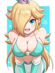 1girls big_breasts big_thighs blonde_hair blue_eyes bra breasts crown ear_piercing earrings female huge_breasts long_hair looking_at_viewer mario_(series) mario_kart mouth nintendo one_eye_covered one_eye_obstructed open_mouth princess_rosalina shiny_breasts shiny_skin smile smiling smiling_at_viewer solo solo_female super_mario_galaxy teeth teeth_showing teeth_visible thighs white_skin yassrosalina yellow_hair