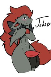 1boy 2016 anthro blush canine claws cute erection fox girly hair john_(johnithanial) johnithanial long_hair male male_zoroark mammal nintendo penis pokemon pokemon_(species) precum solo standing video_games wide_hips zoroark