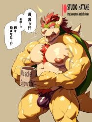 absurd_res anthro bowser bulge detailed_bulge hatake hi_res male male_only mario_(series) muscular nintendo solo text translated