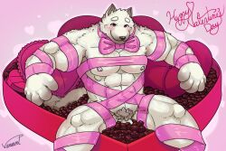 anthro areola big_abs big_biceps big_muscles big_pecs biped blush bow_ribbon bow_tie box_of_chocolates candy canid canine canis chocolate dessert food fur heart heart_shaped_box male male_only mammal muscular muscular_anthro muscular_male muscular_thighs nipples pecs red_eyes ribbons simple_background sitting smile solo viridianvariant white_body white_fur wolf