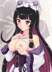 akechi_mitsuhide_(sengoku_collection) bell black_hair blush bow braid breast_hold breasts clothing dress female hair_bell hair_ornament hairbow highres jingle_bell light_smile long_hair looking_at_viewer multicolored_hair nanikairu nipples off_shoulder pasya-pasya purple_eyes purple_hair sengoku_collection shirt_lift skindentation solo tied_hair twin_braids two_tone_hair wide_sleeves