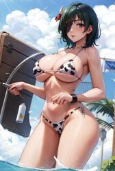 ai_generated big_breasts bikini chainsaw_man cow_bikini cow_print cowkini dark_green_hair eye_patch green_eyes himeno_(chainsaw_man) large_breasts mature_female mtc272 outdoors sea slim_waist stable_diffusion