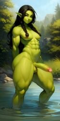 1futa ai_generated athletic athletic_futanari bathing big_penis black_hair braided_hair braided_pigtails breasts forest_background futanari goblinenthusiast green_eyes green_skin hands_behind_back muscular muscular_futanari naked nude nude_futanari orc orc_futanari outdoors penis pink_glans pointy_ears self_upload small_breasts smile solo solo_futa standing standing_in_water testicles thick_thighs tusks veiny_penis