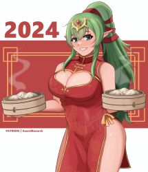 1girls 2024 alternate_costume azure_monarch breasts chinese_clothes cleavage female female_only fire_emblem fire_emblem_awakening green_eyes green_hair large_breasts looking_at_viewer nintendo pointy_ears ponytail solo tiki_(adult)_(fire_emblem) tiki_(fire_emblem) year_of_the_dragon