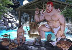 4boys abs animal bara bathing bear beard belly cone_horns deer facial_hair flaccid full_beard giant giant_male gorilla hairy high_ponytail horns kumahachi large_pectorals looking_at_another love_handles male_focus mature_male monkey moustache multiple_boys muscular muscular_male navel_hair night night_sky nipples onsen original pectorals penis penis_peek plump red_hair short_hair sitting_on_shoulder size_difference sky sparse_arm_hair sparse_chest_hair sparse_leg_hair sparse_navel_hair stomach sweatdrop thick_eyebrows thighs towel_around_waist uncensored wading waving wrinkled_skin