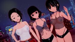 3d 3girls camisole city dark_skin female female_only goldieecchi koikatsu makeup mascara multiple_girls nail_polish original_character perspective perspective_shot piercing posing see-through see-through_clothing skirt smiling