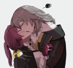 2girls absurdres blush closed_eyes french_kiss grey_hair highres honkai:_star_rail honkai_(series) kafka_(honkai:_star_rail) kissing masoq095 multiple_girls simple_background squiggle stelle_(honkai:_star_rail) tongue white_background yellow_eyes yuri