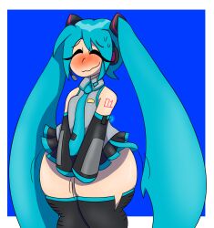 1girls big_thighs blue_background blue_hair blue_tie blush blushing closed_eyes covering detached_sleeves female flustered gumzilla13 hatsune_miku headset human long_hair pleated_skirt skirt solo tagme thick_thighs thighhighs thighs thunder_thighs thunderthighs tie twintails vocaloid