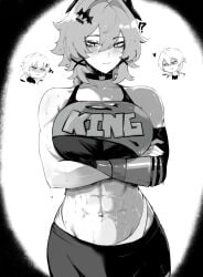 !? 1boy 2024 2girls abs accessory athletic athletic_female belle_(zenless_zone_zero) caesar_king caesar_king_(zenless_zone_zero) choker grey_hair heart heart heart_symbol large_breasts masoq095 monochrome prosthetic_arm slim_waist sports_bra sweat sweatdrop sweating toned toned_female wise_(zenless_zone_zero) zenless_zone_zero