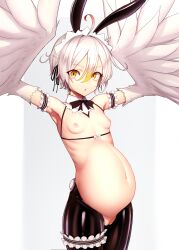 actinium89 ahoge arm_garter armpits arms_up black_necktie breasts commentary_request commission cowboy_shot fake_tail feathers female grey_hair hair_between_eyes harpy highres maid_headdress meme_attire monster_girl navel necktie nipples original pregnant pussy reverse_bunnysuit reverse_outfit short_hair skeb_commission small_breasts solo tail white_feathers white_hair white_wings wings yellow_eyes