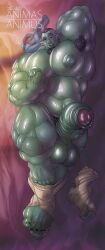 animasanimus armpits balls bara big_balls big_penis boner erection facial_hair glas green_body green_skin hand_behind_head lying_on_back male male_only muscles muscular orc penis socks solo solo_male sweat sweating