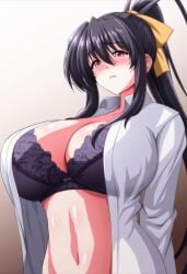 1girl absurdres akeno_himejima arms_behind_back big_breasts black_bra black_hair blush blush_lines blushing bra breasts brown_background brown_eyes cleavage collarbone collared_shirt commentary_request dress_shirt gradient_background hair_between_eyes hair_ribbon hair_up high_ponytail high_school_dxd highres himejima_akeno lace-trimmed_bra lace_trim large_breasts long_hair long_sleeves looking_at_viewer navel open_clothes open_shirt parted_lips ponytail purple_eyes ribbon shirt sidelocks simple_background solo steam_erobou underwear upper_body white_background white_shirt