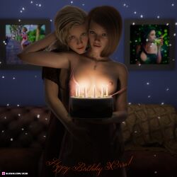 2021 2c3d 2girls 3d birthday birthday_cake blonde_hair brown_hair clothed clothing couch depth_of_field female female_only front_view indoors looking_at_viewer multiple_girls necklace nipple_peek one_arm_up one_breast_out standing yuri