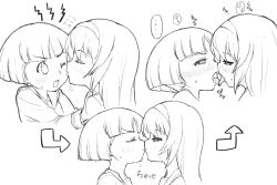 arrow_(symbol) blunt_bangs blunt_ends blush bob_cut closed_eyes commentary_request flying_sweatdrops french_kiss girls_und_panzer greyscale hairband highres kissing kissing_cheek long_hair momozono monochrome nose_blush reizei_mako short_hair sono_midoriko tongue tongue_out white_background young