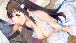 ... barefoot beige_penis beige_skin bound bound_wrists breasts breasts_out brown_hair censored clothing criss-cross_halter dress dutch_angle eyebrows_visible_through_hair fellatio female game_cg halterneck hand_in_panties indoors ino lace_trim large_breasts long_hair looking_up masturbating_during_fellatio masturbation momoiro_closet nipples oral panties penis pink_panties ribbon sidelocks sitting solo_focus spoken_ellipsis straight sweat tan_penis tan_skin underwear wariza white_dress yellow_eyes