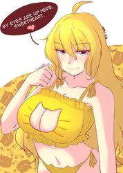 1girls ass_length_hair back_length_hair big_breasts blonde blonde_female blonde_hair bra breasts cat_keyhole_bra cat_lingerie cleavage dialogue english_text female female_only large_breasts lingerie long_hair looking_at_viewer panties pov purple_eyes rwby seductive seductive_look seductive_smile smirk smirking smirking_at_viewer solo speech_bubble spoken_heart suggestive text thong underwear yang_xiao_long z666ful