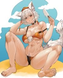 abs animal_ears beach bikini black_choker blue_sky breasts choker cleavage commentary earrings english_commentary female female_pubic_hair food full_body gradient_sky hand_in_own_hair hat highres holding holding_food ice_cream inubashiri_momiji jewelry large_breasts looking_at_viewer momiji_inubashiri navel open_mouth orange_bikini outdoors pubic_hair red_eyes red_headwear red_nails short_hair sky solo swimsuit tail tokin_hat tomatolover16 touhou white_hair wolf_ears wolf_girl wolf_tail