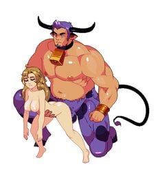 1boy 1girls bovine breeding_season cowbell female female_breeder horns horns_and_hooves hybrid interspecies male nude_female pixel_art s-purple sex size_difference taken_from_behind