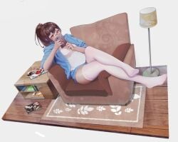 bob_cut brown_eyes brown_hair feet glasses long_hair long_legs looking_at_phone lying lying_on_back oc open_jacket original_character qizhu sitting_on_sofa socks stockings teenager thick_thighs thighhighs tied_hair