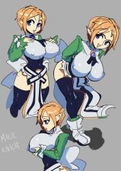 big_breasts blonde_hair blue_eyes breasts disgaea elf_ears gigantic_breasts hips huge_breasts impossible_clothes impossible_clothing impossible_shirt large_breasts looking_at_viewer magic_knight_(disgaea) nippon_ichi_software pointy_ears thighhighs tight tight_clothes tight_clothing tight_shirt