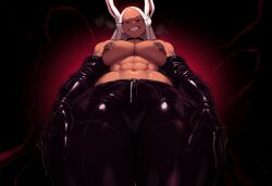 1girls abs ai_generated boku_no_hero_academia bunny_ears dark-skinned_female dark_skin dontlao3 elbow_gloves female female_focus female_only from_below gloopai gloves grin latex latex_gloves looking_at_viewer looking_down miruko muscular muscular_arms muscular_female my_hero_academia nai_diffusion nipple_piercing nipples pants red_eyes rumi_usagiyama smile smirk solo solo_female solo_focus steam steaming_body steamy white_hair