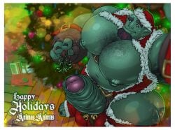 animasanimus balls bara big_balls big_penis boner christmas erection facial_hair glas green_body green_skin male male_only muscles muscular orc penis solo solo_male