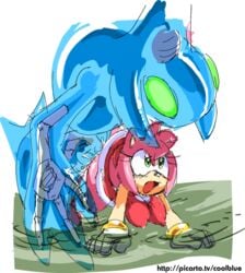 amy_rose anthro bottomless breasts chaos_(sonic) clothed color coolblue doggy_style female furry green_eyes mammal open_mouth penetration pink_fur sega sonic_(series) sonic_the_hedgehog_(series) straight vaginal_penetration