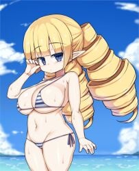 archer_(disgaea) big_breasts bikini blonde_hair blue_eyes breasts disgaea elf_ears huge_breasts large_breasts looking_at_viewer nippon_ichi_software ocean pointy_ears sawati short_stack shortstack string_bikini