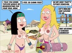 accurate_art_style american_dad beach big_breasts big_hips bikini breasts clothing female female_only francine_smith hardplay hayley_smith human jessica_raplansky milf public tanline