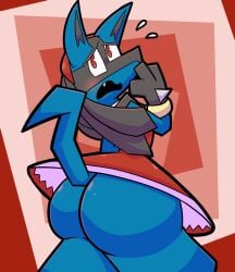 anthro ass big_ass dress embarrassed furry lucario pembrokewkorgi pokemon pokemon_(species) sweat tagme