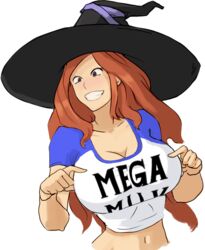 breasts cleavage clothes_writing dragon's_crown drawfag female funny hat huge_breasts lips mega_milk midriff navel pointing pointing_at_self red_hair solo sorceress_(dragon's_crown) t-shirt taut_shirt tight_clothes witch_hat