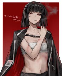 bandage bandage_bra bandages belly_button black_hair blood cigarette female female_focus female_only goes_hard id_card jacket limbus_company project_moon red_eyes ryoshu_(limbus_company) scar scars scars_all_over short_hair smoke smoking