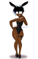 1boy 2024 artist_signature black_clothing black_hair blush bulge bunny_ears bunny_tail bunnysuit collar crossdressing dark-skinned_femboy dark-skinned_male dark_skin donttrustme dreadlocks femboy glasses gradient_hair hair_highlights hand_on_hip heels high_heels highres leotard male_only multicolored_hair oc original original_character platform_heels small_waist smile smiling solo solo_male square_glasses standing thigh_strap toony white_background wide_hips