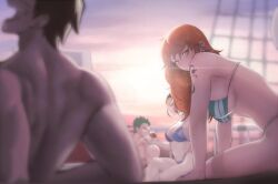 2boys 2girls admiring back back_view bare_arms bare_legs bare_shoulders bare_thighs big_breasts bikini bikini_bottom bikini_top black_hair color female green_hair hi_res large_breasts light-skinned_female light-skinned_male light_skin long_hair male monkey_d_luffy nami nami_(one_piece) nico_robin one_piece orange_eyes orange_hair post-timeskip roronoa_zoro short_hair shounen_jump sitting striped_bikini sun tagme tattoo thick_thighs zukululuu