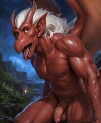 1boy abs ai_generated balls bara beak big_muscles brooklyn_(gargoyles) drooling erection gargoyle gargoyles gay hair horn horned_humanoid humanoid hunk long_hair male male_only muscular muscular_humanoid muscular_male navel nipples nude open_mouth pecs penis red_body solo tongue_out white_hair xrim93303540