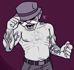 bare_chest bare_midriff bare_shoulders beelze beelze_(hypnos_lullaby) cackling_demon character_request demon devil friday_night_funkin friday_night_funkin_lullaby gentleman hat hypnos_lullaby laugh littlegeecko male_only moustache old_man pecs pubic_hair purple_background purple_pants shadow_over_eyes sharp_teeth solo_male symbol veins veiny_arms veiny_muscles white_hair