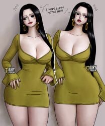 artist_name big_breasts black_hair blush boa_hancock busty cleavage dress earrings english_text female female_only iury_padilha light-skinned_female light_skin multiple_poses one_piece red_lipstick safe_for_work short_dress small_waist thighs thought_bubble tight_clothing wide_hips