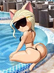 big_ass big_butt bikini bikini_bottom bikini_top black_bikini black_thong blonde_female blonde_hair blonde_hair_female blue_eyes cat_ears cat_girl cat_humanoid cat_tail catgirl feline focus_on_ass fur furry furry_only happy looking_at_viewer looking_back pool pool_party sitting smile smiling smiling_at_viewer smooth_skin sunglasses tansau thong white_body white_skin