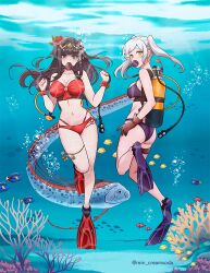 2girls alluring ass big_breasts bikini black_eyes black_hair blunt_bangs braid breasts brown_gloves bubble circlet cleavage commentary commission english_commentary female female_only fire_emblem fire_emblem_awakening fire_emblem_heroes fish flower french_braid full_body gloves hair_flower hair_ornament long_hair looking_at_viewer medium_breasts milf multiple_girls navel nintendo ocean official_alternate_costume oxygen_mask oxygen_tank purple_bikini purple_swimsuit red_bikini red_flower red_swimsuit rein_creamsoda robin_(female)_(summer)_(fire_emblem) robin_(fire_emblem) robin_(fire_emblem)_(female) scuba scuba_gear scuba_tank sea source_request stomach swept_bangs swimming swimming_fins swimsuit tharja_(fire_emblem) tharja_(summer)_(fire_emblem) twintails twitter_username two_side_up underwater water yellow_eyes